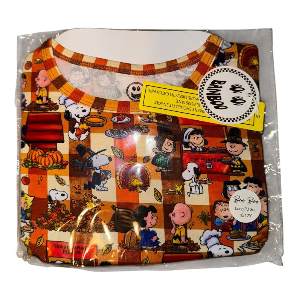 New Boo Boo Bamboo Peanuts Thanksgiving Bamboo Pajama Set Kids Size 10/12 Snoopy